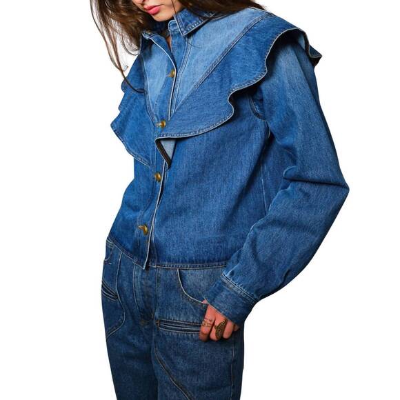 NEW BLUE B diagonal ruffled long sleeves denim jacket in med wash - Picture 3 of 4